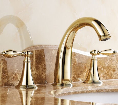 Fontana Mina Gold Finish Widespread 3 Holes Double Knobs Bath Sink Faucet